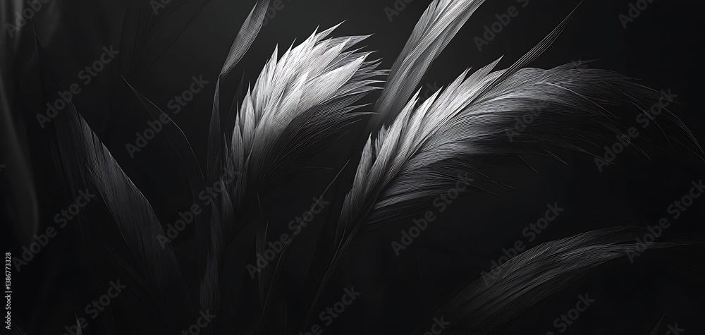 Fototapeta premium Ethereal feather arrangement on a dark background, artistic monochrome