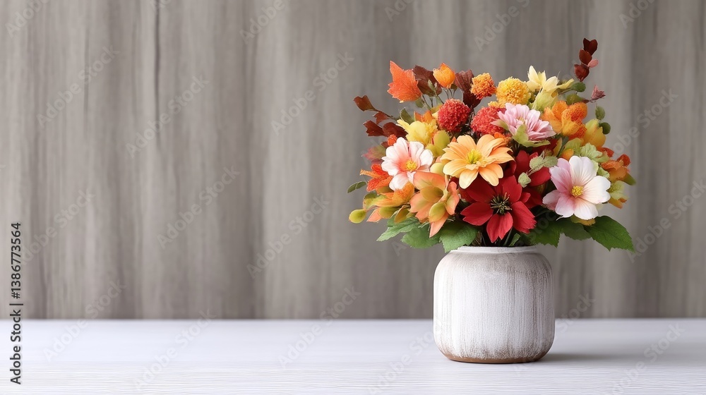 custom made wallpaper toronto digitalAutumn Flower Bouquet in Vase, Rustic Modern Style, High-Quality Soft Lighting, Close-up Front View, Textured Vase, Autumnal Display, Wooden Background, Warm Orange Tones, Ideal for Home Decor
