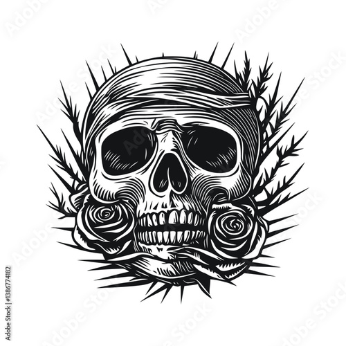 Intricate Engraving of Skull Surrounded by Roses and Thorns