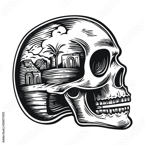 Detailed Engraving of a Skull with Intricate Landscape Design