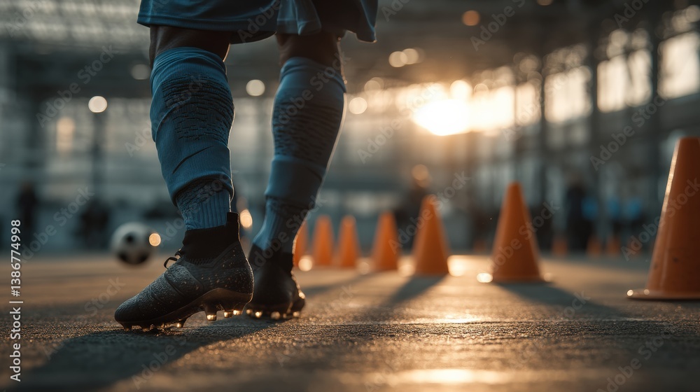Obraz premium Athlete training with cones during sunset in an indoor sports facility.