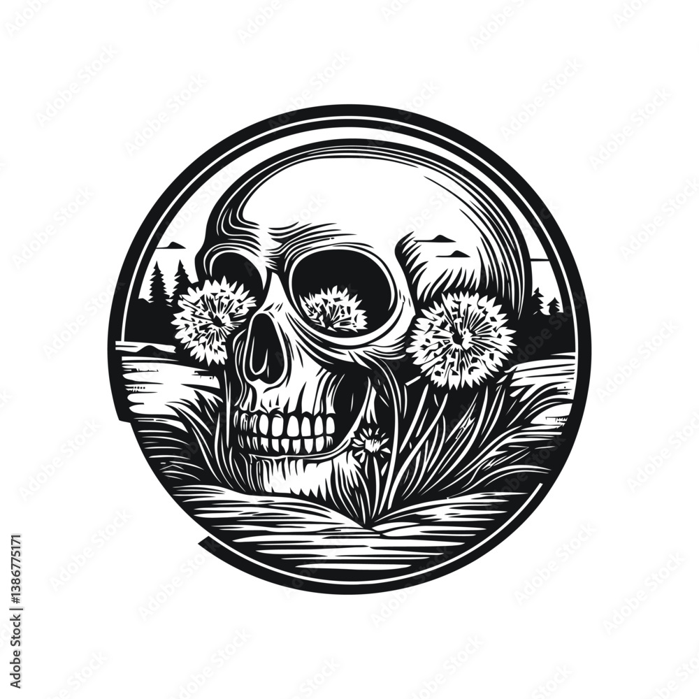 Obraz premium Detailed Engraving of Skull Surrounded by Nature Elements