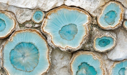 Close-up of blue agate geode formations in rock.  Nature background, geology texture