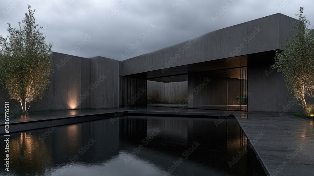 Fototapeta premium Modern, minimalist residence with a tranquil courtyard pool