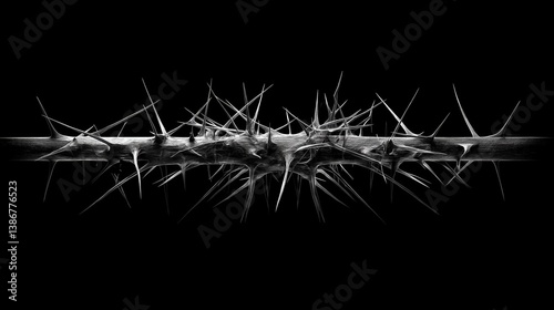 Stark white crown of thorns with ultra-realistic texture and dramatic shadows on deep black background. High-resolution symbolic Christian religious imagery of sacrifice and suffering, minimalist sacr photo