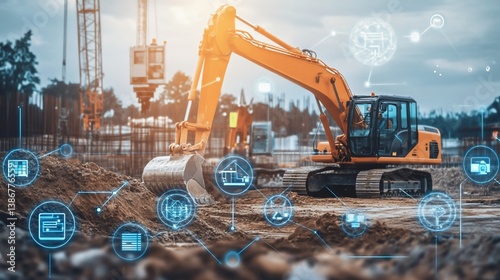 Excavator on construction site with digital overlays