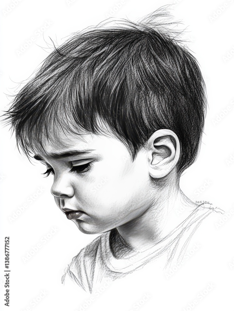 Portrait of a Young Boy in Deep Thought with Messy Hair and Expressive Face, Artistic Black and White Illustration Portrait of a Young Boy in Deep Thought with Messy Hair and Expressive Face, Artistic Black and White Illustration