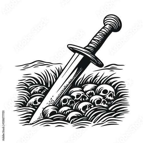 Engraving of a Sword in Grass Surrounded by Skulls and Bones