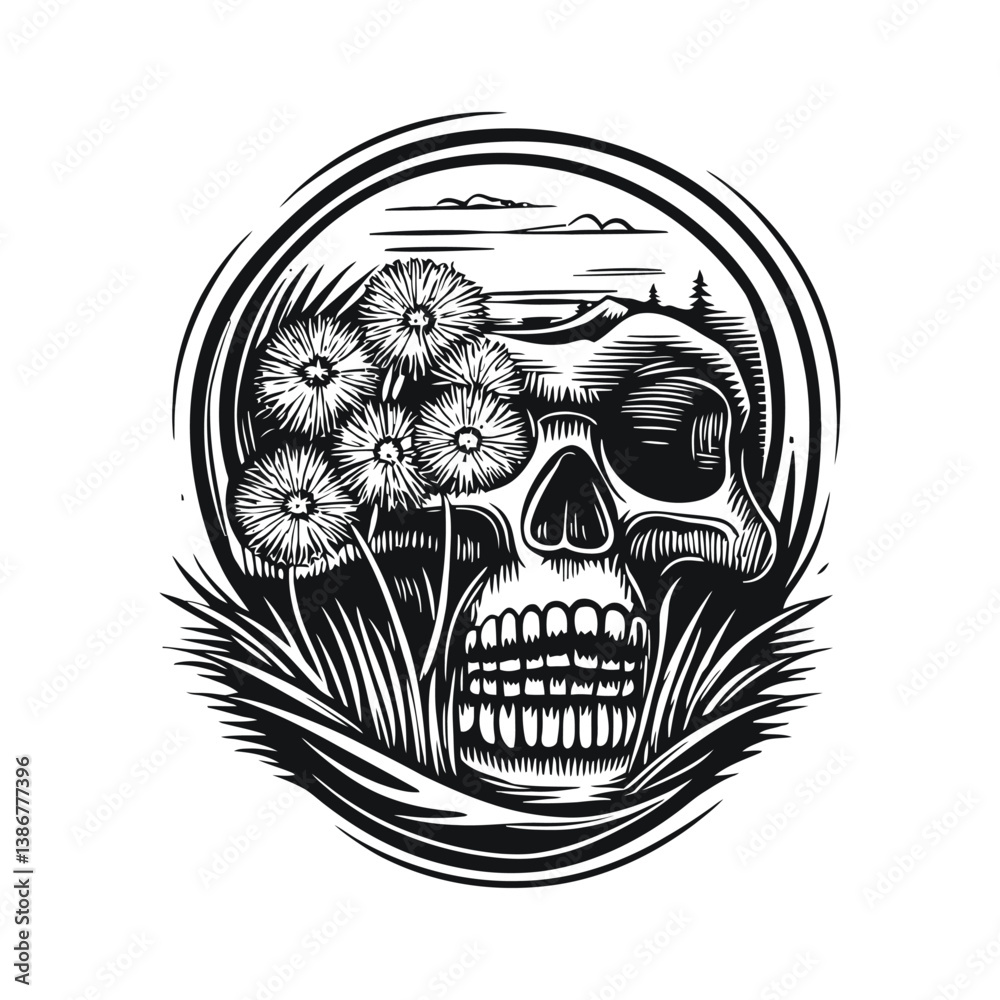 Fototapeta premium Engraving of a Skull Surrounded by Nature and Dandelions