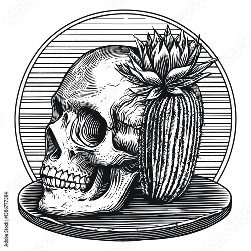 Engraved Skull with Cactus and Striped Background Vector Design