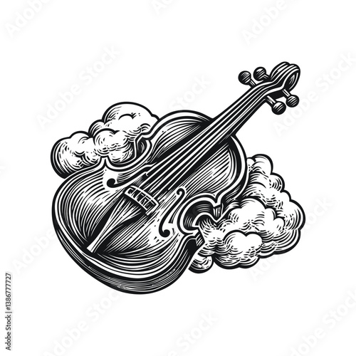 Vintage Engraving of a Violin Amidst Clouds in Vector Style
