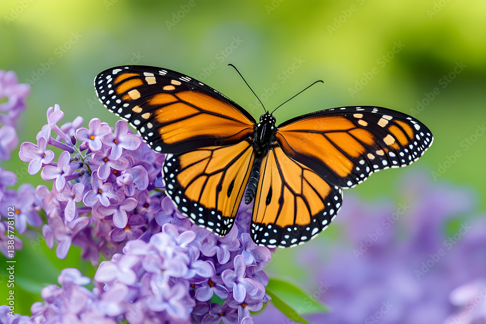 Fototapeta premium A radiant Monarch butterfly pauses on a cluster of purple lilac blooms, basking in the soft glow of springtime.