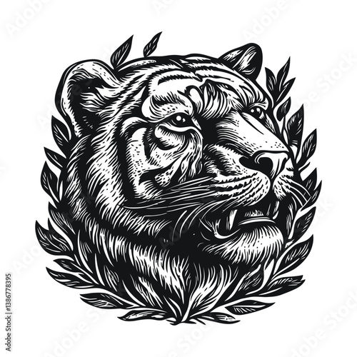 Detailed Engraving of a Tiger Head Surrounded by Floral Elements