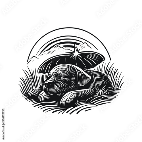 Sleepy Dog Engraving with Shelter and Mountain Landscape in Vector Art