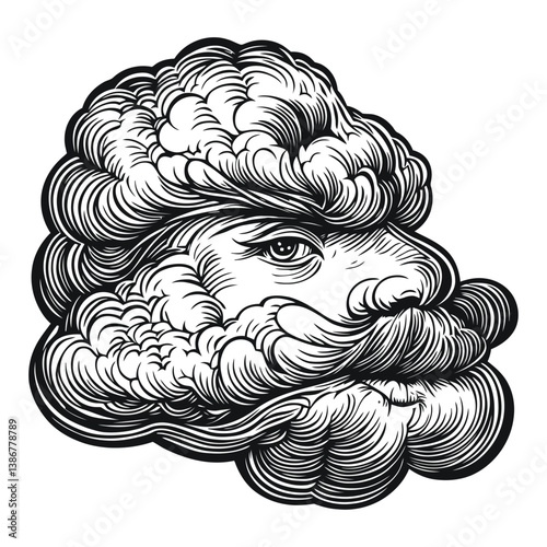 Intricate Engraving of a Cloud with an Eye and Facial Features
