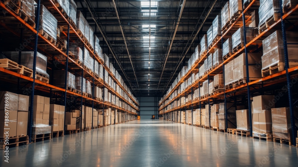 Warehouse interior with shelves filled with boxes and packages. Warehouse interior with shelves filled with boxes and packages.