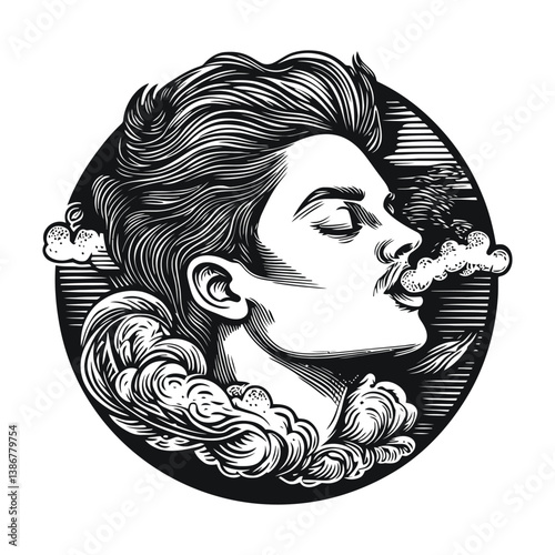 Engraved Portrait of a Stylish Man with Smoke and Flowing Clouds