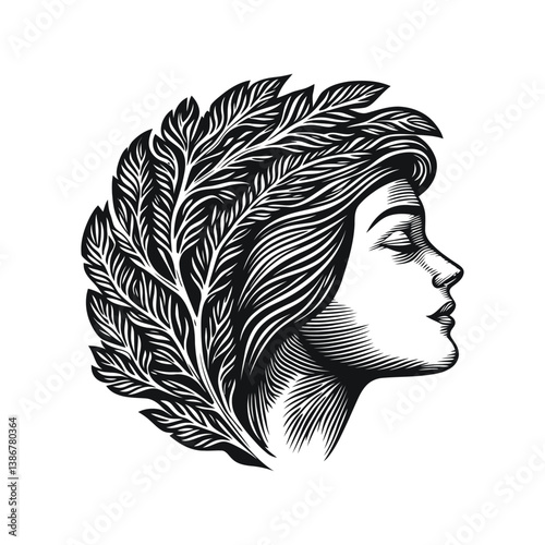 Female Profile Engraving with Leaf Design in Vector Format