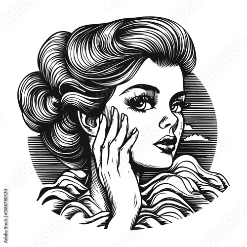 Vintage Engraved Portrait of Elegant Woman with Retro Style