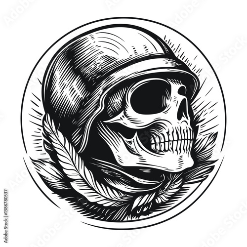 Vintage Engraving of a Skull Wearing a Military Helmet Design
