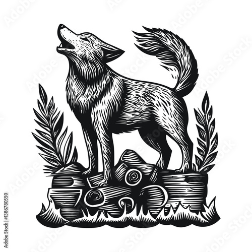 Detailed Engraving of a Howling Dog Surrounded by Nature Elements
