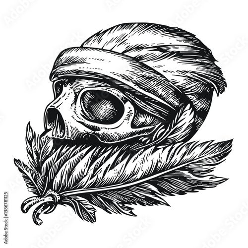 Engraved Skull with Feather Design Vector Illustration Artwork
