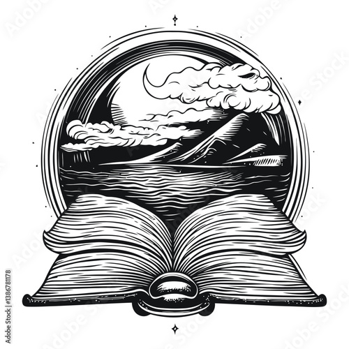 Hand-Drawn Engraving of an Open Book Surrounded by Nature Scene