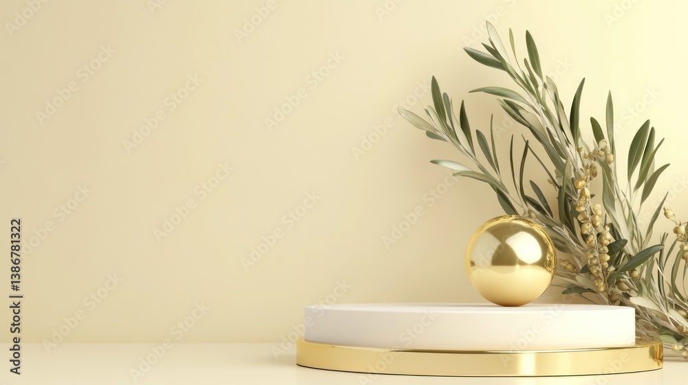Minimalist display podium with golden sphere and olive branches Minimalist display podium with golden sphere and olive branches