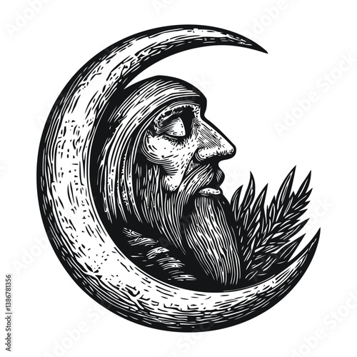Detailed Vector Engraving of an Old Man with a Crescent Moon