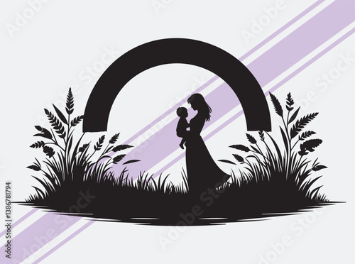 Mother and Child in Nature Silhouette Black Vector for Cards Design Mother's Day, Mother and Daughter, Mother and Son Bonding Clipart 