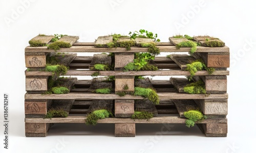 Wooden Pallets with Moss Growth in a Minimalist Setting, Perfect for Eco-Friendly Design Concepts and Sustainable Living Aesthetics