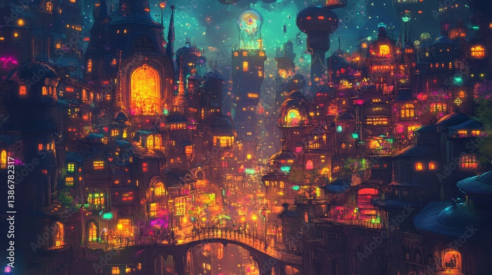 Fototapeta premium Cityscape with illuminated buildings and bridges at night in a