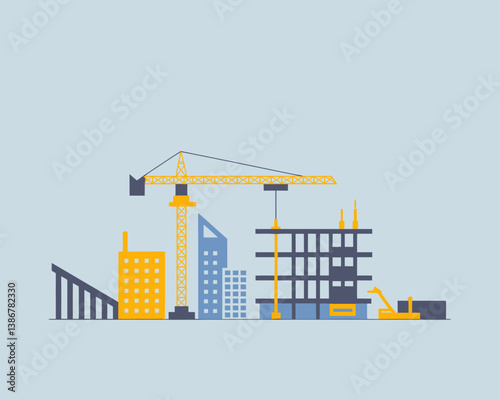 Construction Site Vector: Building Progress with Crane and Modern Cityscape