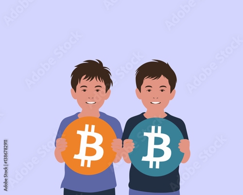 Kids Holding Bitcoin Symbol Coins, Digital Currency Adoption Illustration