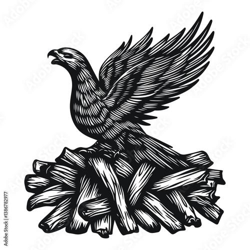 Detailed Woodcut Style Engraving of a Majestic Bird Taking Flight