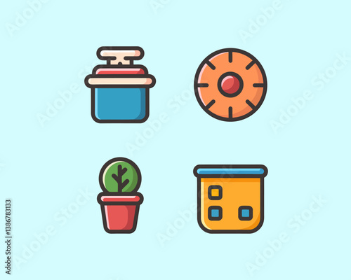 Collection of Cute Cartoon Object Icons: Push Button, Target, Potted Plant, Socket