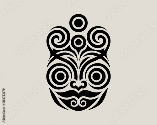Abstract Tribal Mask Illustration with Swirls and Geometric Elements