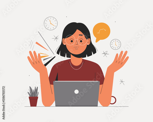 Overwhelmed Woman Working from Home with Laptop and Multiple Deadlines
