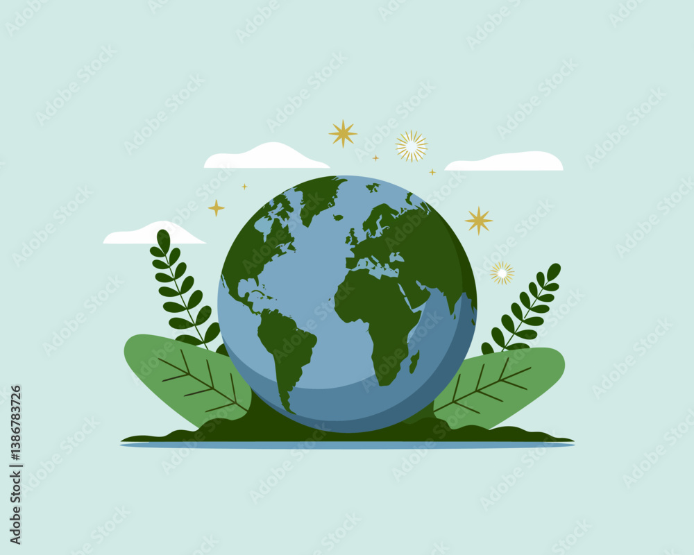 Stylized Globe Illustration Surrounded by Flora for Environmental Awareness Stylized Globe Illustration Surrounded by Flora for Environmental Awareness