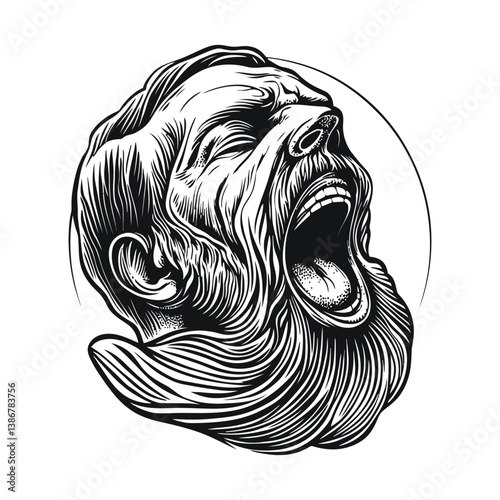 Intricate Engraving of a Man's Face with Bold Expressions and Lines