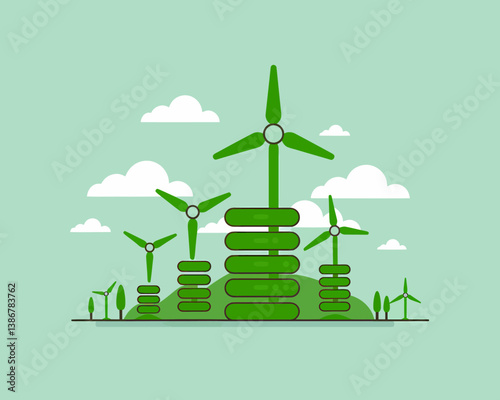 Green Wind Turbines Generating Renewable Energy Illustration, Clean Power Concept