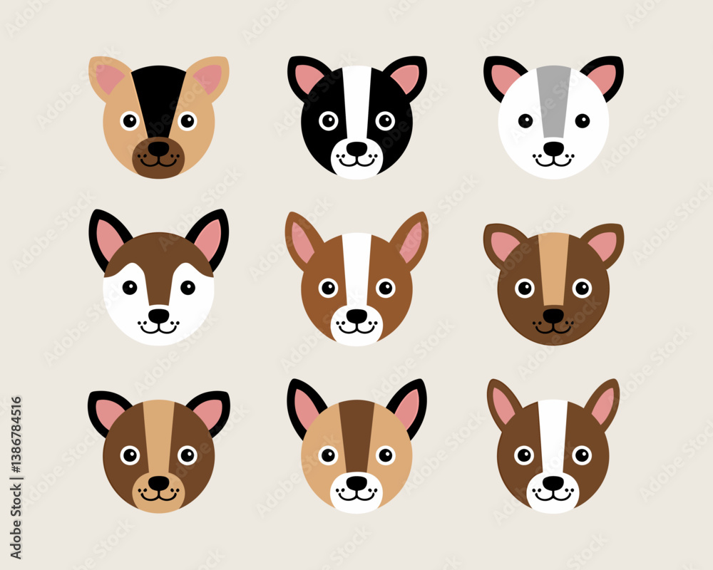 Nine Adorable Cartoon Animal Faces Vector Set, Cute Dog Head Illustrations