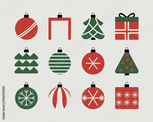 Modern Christmas Ornament Icons Set with Trees, Balls, and Gifts