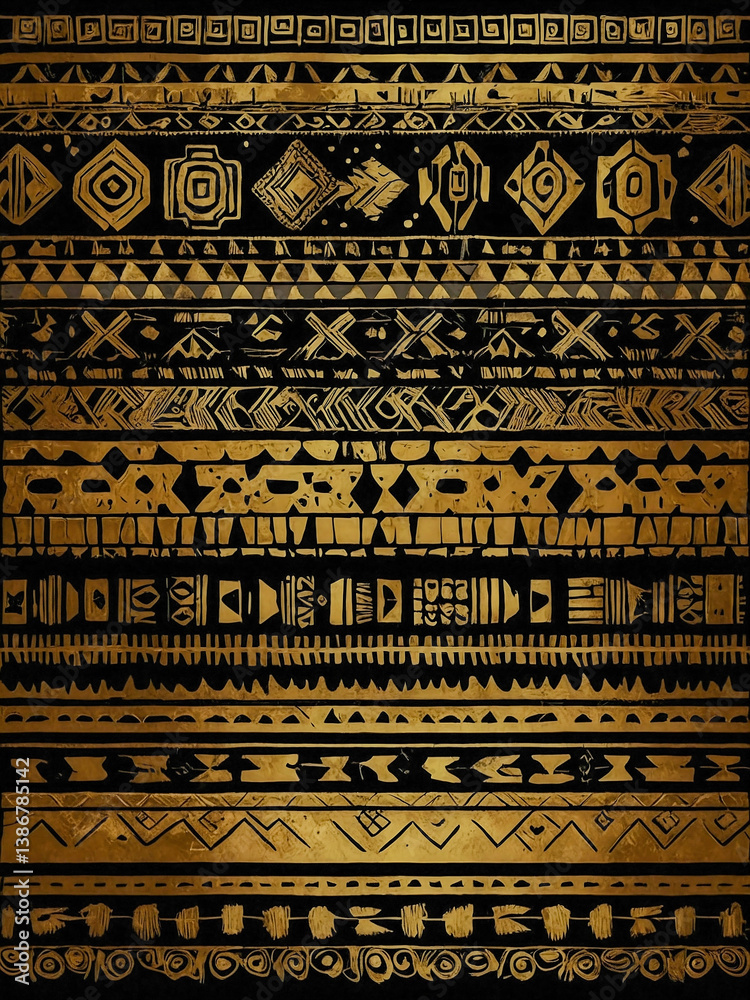 Gold tribal and Aztec patterns on a black background, great for textiles. Gold tribal and Aztec patterns on a black background, great for textiles.