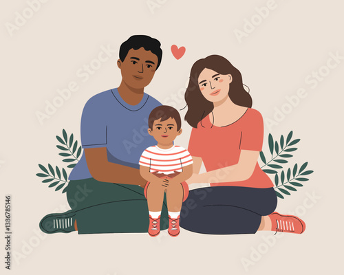 Happy Diverse Family Portrait: Mother, Father, and Child Illustration