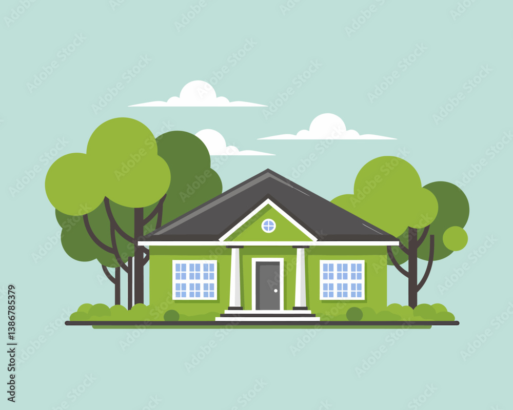 Flat design green house with trees, modern suburban home illustration Flat design green house with trees, modern suburban home illustration