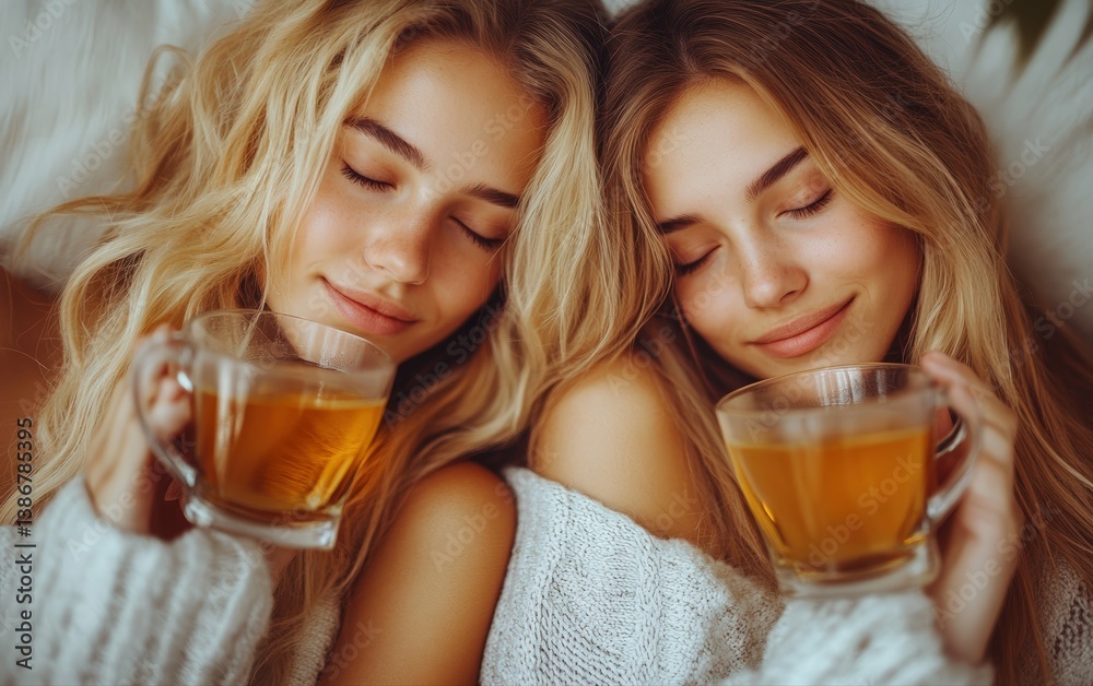 Serene Blonde Twins Sip Warm Tea, Eyes Closed, Enjoying Cozy Comfort and Sisterhood Serene Blonde Twins Sip Warm Tea, Eyes Closed, Enjoying Cozy Comfort and Sisterhood