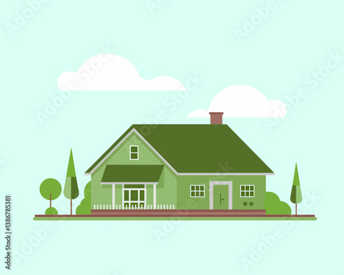 Green House Vector Illustration: Suburban Home with Yard and Sky