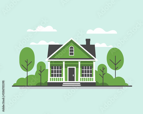Green Minimalist House Illustration with Trees and Clouds in Flat Style