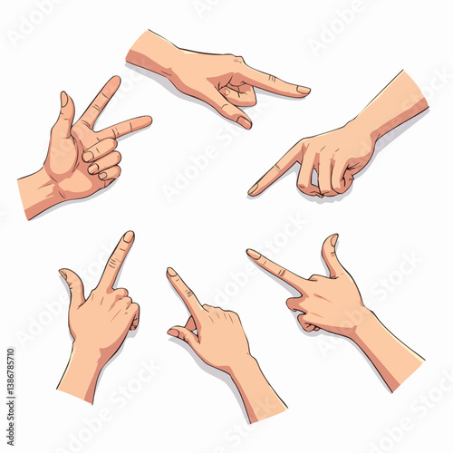 Hand gestures in different positions. Vector hands showing and pointing, holding and representing isolated on white background
